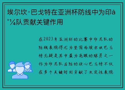 埃尔坎·巴戈特在亚洲杯防线中为印尼队贡献关键作用
