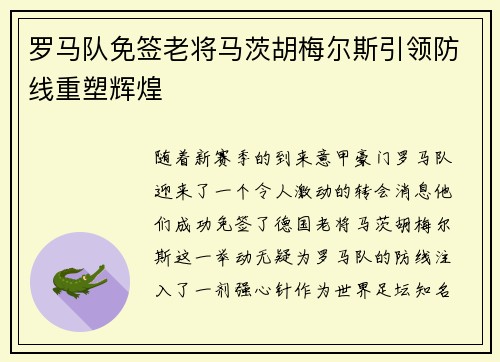 罗马队免签老将马茨胡梅尔斯引领防线重塑辉煌